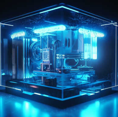Futuristic machinery design glows blue in factory generated by artificial intelligence